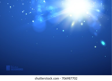 Abstract underwater scene sunrays and flash in deep blue sea. Bright sparks over deep blue space background. Underwater sunrays for aqua travel design. Vector illustration.
