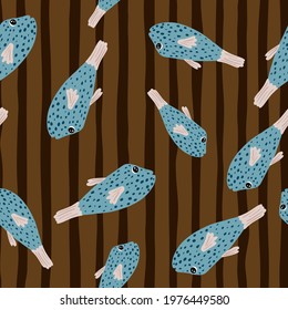 Abstract underwater seamless pattern with random blue fish elements. Brown striped background. Simple style. Designed for fabric design, textile print, wrapping, cover. Vector illustration.