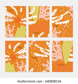 Abstract underwater seaweed dotted.Hand drawn creative invitation or greeting cards template. Anniversary, Birthday, wedding, party, social media banners set of 6. Isolated on layer.