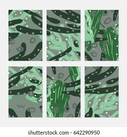 Abstract underwater seaweed dotted.Hand drawn creative invitation or greeting cards template. Anniversary, Birthday, wedding, party, social media banners set of 6. Isolated on layer.