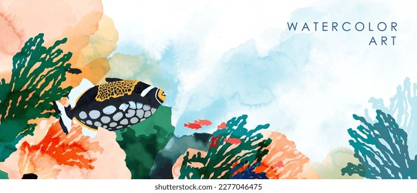 Abstract underwater view with sea coral reef, exotic fish, sea weed. Watercolor art background, wallpaper. 