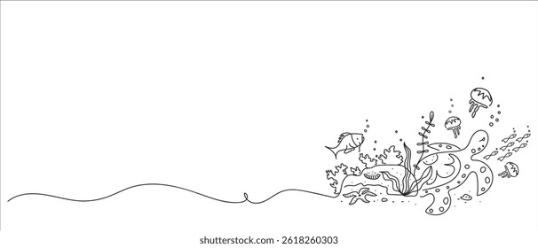 Abstract underwater world drawn with one line. Marine sketch. Cute vector illustration on the theme of Oceania, travel, vacation.