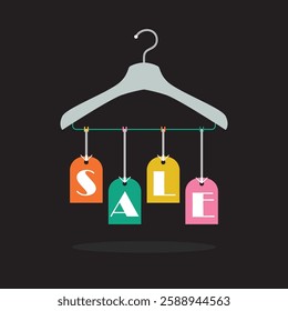 Abstract uneven colorful hanging SALE tags banners on clothing hanger icon with drop shadow on black background poster