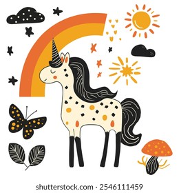 Abstract Unicorn Set, Enchanting Representation of Fantasy and Whimsy in a Minimalist Style - Flat Vector Illustration