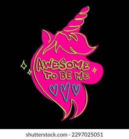 Abstract unicorn silhouette illustration with text Awesome to be me. Pink unicorn and lettering composition.