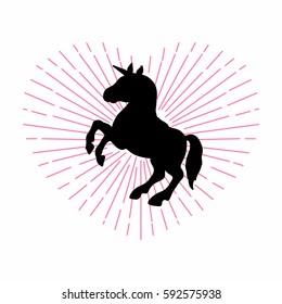 Abstract unicorn silhouette isolated with heart of the lines on grunge background.