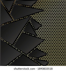 Abstract unique background black triangles and golden mesh