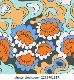 Abstract unique colorful pattern with hand drawn flowers 