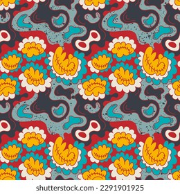 Abstract unique colorful pattern with hand drawn flowers 