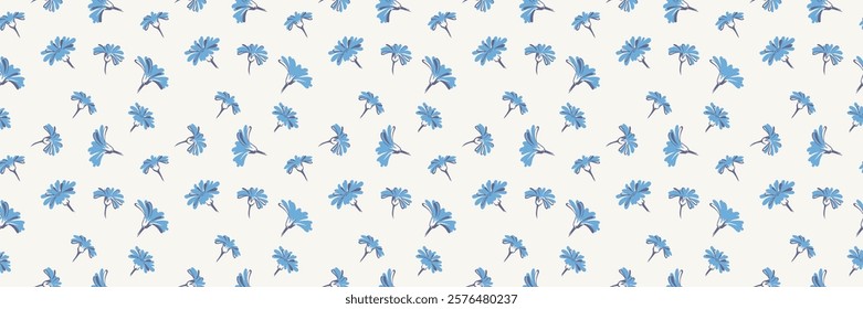 Abstract unique flowers buds seamless pattern. Minimalist stylized blue floral printing. Summer simple ornament. Vector hand drawn.