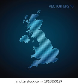 Abstract United Kingdom Map Template Made From Blue Diagonal Lines On Dark Background. Vector Illustration EPS10.