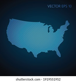 Abstract United States of America map template made from blue diagonal lines on dark background. Vector illustration EPS10.