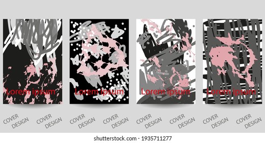 Abstract universal art backgrounds set. Gray, pink, black and white hand drawn scribbles promotional backgrounds . For printing on covers, banners, sales, flyers. Modern design. Vector. EPS10