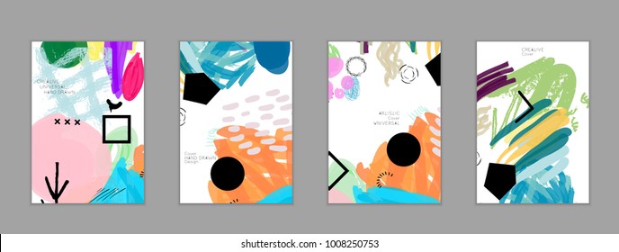 Abstract universal art web header template. Collage made with scribbles, marker, canyon strokes, black geometric shapes, ink drawn splashes. Bright colored isolated on white background cover template.