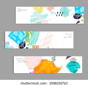 Abstract universal art web header template. Collage made with scribbles, marker, canyon strokes, black geometric shapes, ink drawn splashes. Bright colored isolated on white background cover template.