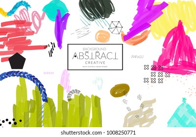 Abstract universal art web header template. Collage made with scribbles, marker, canyon strokes, black geometric shapes, ink drawn splashes. Bright colored isolated on white background cover template.