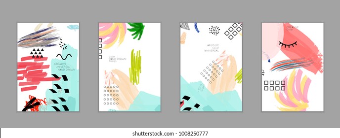 Abstract universal art web header template. Collage made with scribbles, marker, canyon strokes, black geometric shapes, ink drawn splashes. Bright colored isolated on white background cover template.