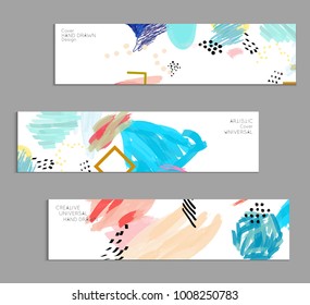 Abstract universal art web header template. Collage made with scribbles, marker, canyon strokes, black geometric shapes, ink drawn splashes. Bright colored isolated on white background cover template.