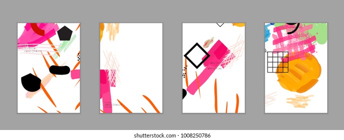 Abstract universal art web header template. Collage made with scribbles, marker, canyon strokes, black geometric shapes, ink drawn splashes. Bright colored isolated on white background cover template.