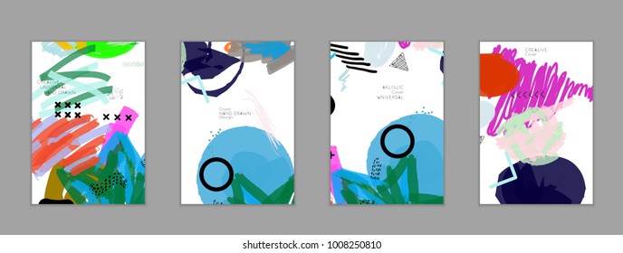 Abstract universal art web header template. Collage made with scribbles, marker, canyon strokes, black geometric shapes, ink drawn splashes. Bright colored isolated on white background cover template.