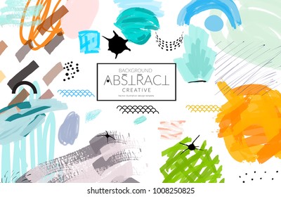 Abstract universal art web header template. Collage made with scribbles, marker, canyon strokes, black geometric shapes, ink drawn splashes. Bright colored isolated on white background cover template.