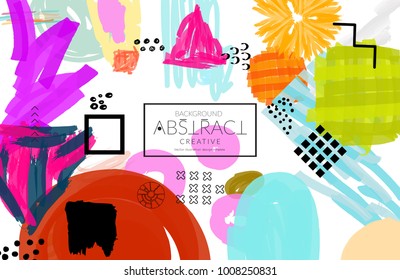 Abstract universal art web header template. Collage made with scribbles, marker, canyon strokes, black geometric shapes, ink drawn splashes. Bright colored isolated on white background cover template.