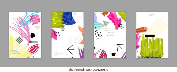 Abstract universal art web header template. Collage made with scribbles, marker, canyon strokes, black geometric shapes, ink drawn splashes. Bright colored isolated on white background cover template.