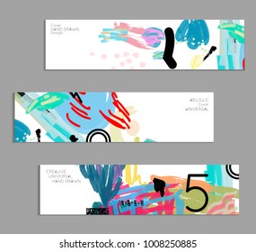 Abstract universal art web header template. Collage made with scribbles, marker, canyon strokes, black geometric shapes, ink drawn splashes. Bright colored isolated on white background cover template.