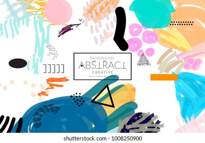 Abstract universal art web header template. Collage made with scribbles, marker, canyon strokes, black geometric shapes, ink drawn splashes. Bright colored isolated on white background cover template.