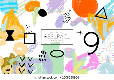 Abstract universal art web header template. Collage made with scribbles, marker, canyon strokes, black geometric shapes, ink drawn splashes. Bright colored isolated on white background cover template.