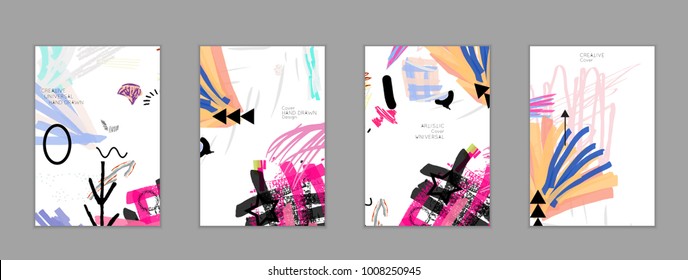 Abstract universal art web header template. Collage made with scribbles, marker, canyon strokes, black geometric shapes, ink drawn splashes. Bright colored isolated on white background cover template.