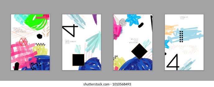 Abstract universal art web header template. Collage made with scribbles, marker, canyon strokes, black geometric shapes, ink drawn splashes. Bright colored isolated on white background cover template.