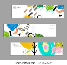 Abstract universal art web header template. Collage made with scribbles, marker, canyon strokes, black geometric shapes, ink drawn splashes. Bright colored isolated on white background cover template.