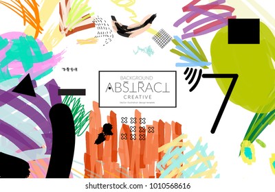Abstract universal art web header template. Collage made with scribbles, marker, canyon strokes, black geometric shapes, ink drawn splashes. Bright colored isolated on white background cover template.