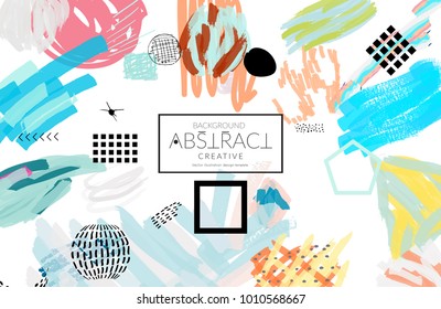 Abstract universal art web header template. Collage made with scribbles, marker, canyon strokes, black geometric shapes, ink drawn splashes. Bright colored isolated on white background cover template.