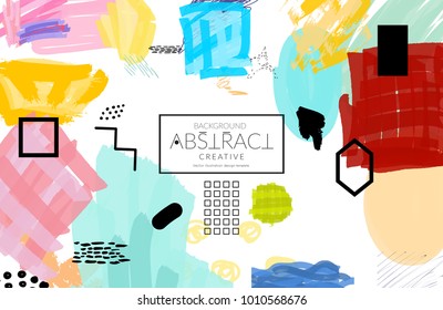 Abstract universal art web header template. Collage made with scribbles, marker, canyon strokes, black geometric shapes, ink drawn splashes. Bright colored isolated on white background cover template.