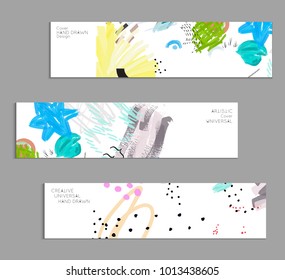 Abstract universal art web header template. Collage made with scribbles, marker, canyon strokes, black geometric shapes, ink drawn splashes. Bright colored isolated on white background cover template.