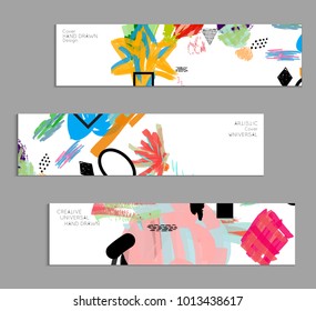 Abstract universal art web header template. Collage made with scribbles, marker, canyon strokes, black geometric shapes, ink drawn splashes. Bright colored isolated on white background cover template.