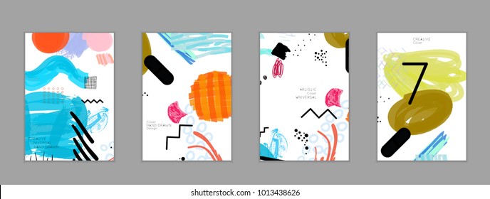 Abstract universal art web header template. Collage made with scribbles, marker, canyon strokes, black geometric shapes, ink drawn splashes. Bright colored isolated on white background cover template.