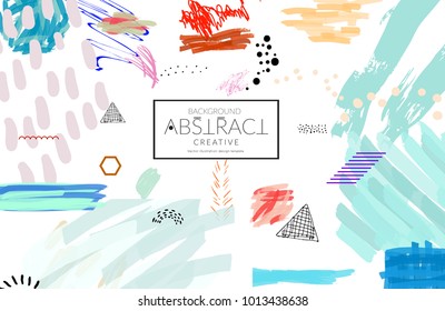 Abstract universal art web header template. Collage made with scribbles, marker, canyon strokes, black geometric shapes, ink drawn splashes. Bright colored isolated on white background cover template.