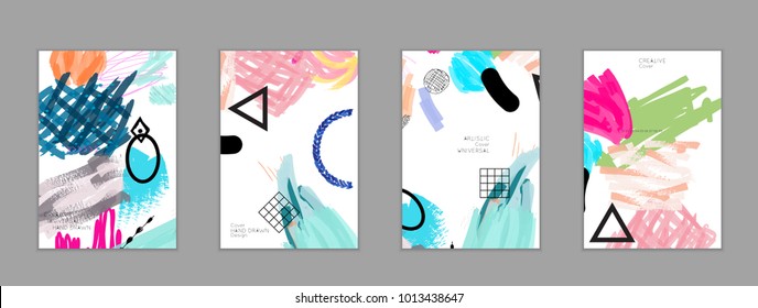 Abstract universal art web header template. Collage made with scribbles, marker, canyon strokes, black geometric shapes, ink drawn splashes. Bright colored isolated on white background cover template.