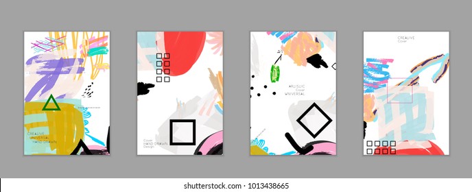 Abstract universal art web header template. Collage made with scribbles, marker, canyon strokes, black geometric shapes, ink drawn splashes. Bright colored isolated on white background cover template.