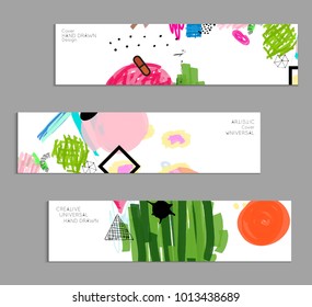 Abstract universal art web header template. Collage made with scribbles, marker, canyon strokes, black geometric shapes, ink drawn splashes. Bright colored isolated on white background cover template.