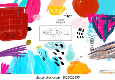 Abstract universal art web header template. Collage made with scribbles, marker, canyon strokes, black geometric shapes, ink drawn splashes. Bright colored isolated on white background cover template.