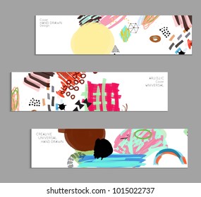 Abstract universal art web header template. Collage made with scribbles, marker, canyon strokes, black geometric shapes, ink drawn splashes. Bright colored isolated on white background cover template.