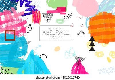 Abstract universal art web header template. Collage made with scribbles, marker, canyon strokes, black geometric shapes, ink drawn splashes. Bright colored isolated on white background cover template.