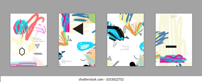 Abstract universal art web header template. Collage made with scribbles, marker, canyon strokes, black geometric shapes, ink drawn splashes. Bright colored isolated on white background cover template.