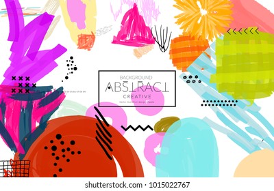 Abstract universal art web header template. Collage made with scribbles, marker, canyon strokes, black geometric shapes, ink drawn splashes. Bright colored isolated on white background cover template.
