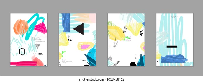 Abstract universal art web header template. Collage made with scribbles, marker, canyon strokes, black geometric shapes, ink drawn splashes. Bright colored isolated on white background cover template.