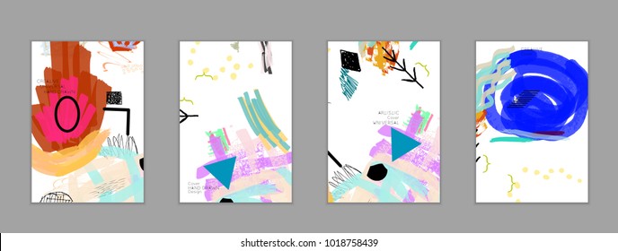 Abstract universal art web header template. Collage made with scribbles, marker, canyon strokes, black geometric shapes, ink drawn splashes. Bright colored isolated on white background cover template.